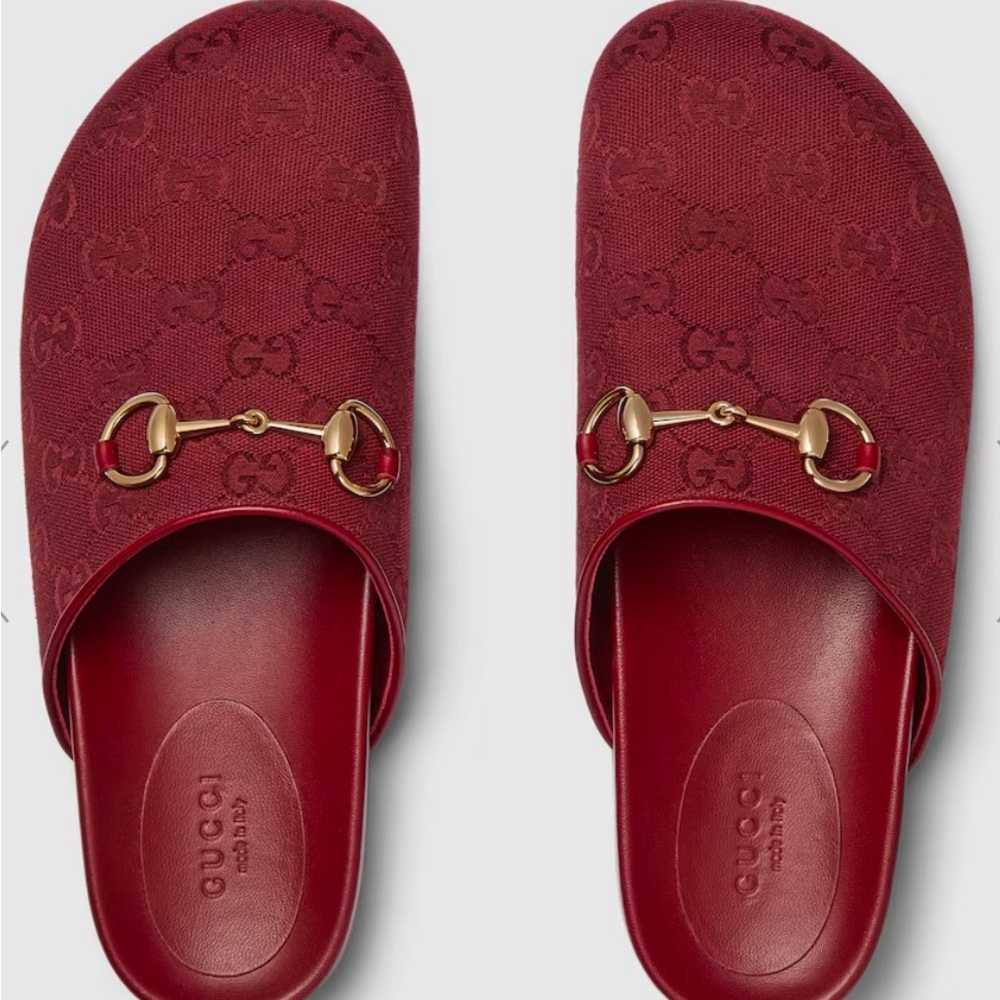 Gucci "Sol" monogram cotton canvas mules with golden bit strap /color burgundy